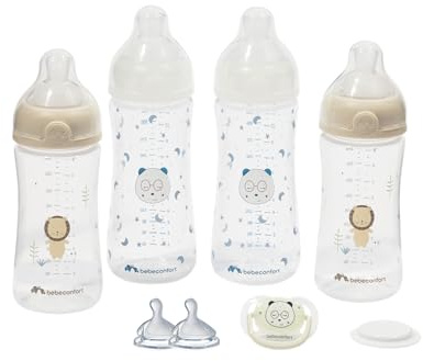Bebeconfort Physio Air Grow-with-Me Flaschenset, Anti Colic Babyflaschen, Ab 0 Monaten, 4 Baby Flaschen Neugeborene, 3 Saugergrößen, Physiologisch Geformter Schnuller, Im Dunkeln Leuchtendes Design