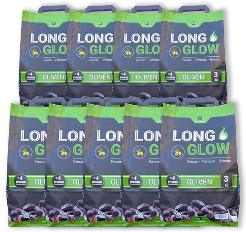 Long Glow® Grillbriketts 27 kg Oliven Premium Briketts - bis 4h Brenn- & Glutdauer - nachhaltige Grillkohle mit hoher Hitze für Grill, Smoker, Pizzaofen & Dutch Oven | 9 x 3 kg | Energie Kienbacher