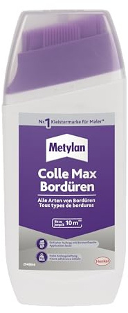 Metylan Bordüren Klebstoff, Tapetenkleber für Bordüren aus Papier, Gewebe, Metall, Vinyl, starker Kleber für sicheres Haften, leicht verarbeitbarer Klebstoff 1x250g