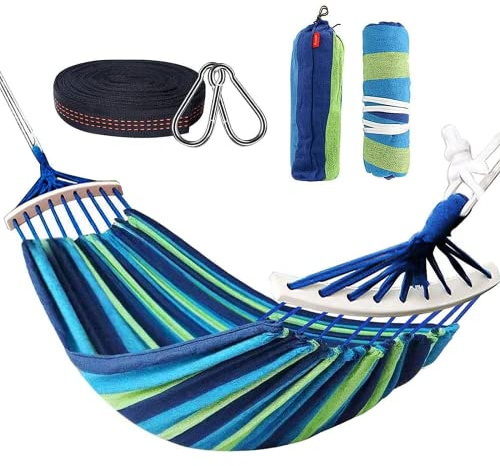 Nakeey Doppel Hängematte 280 x 150 cm, Outdoor Hängematten Stabhängematte für Reise Camping Wandern Garten, tragbar und atmungsaktiv, Belastbarkeit bis 300 kg, Blaue Streifen