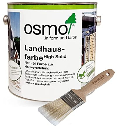 OSMO Landhausfarbe High Solid 2,5 L Weiß 2101 Wetterschutzfarbe Wasserabweisend + Flächenstreicher Pinsel von Pfahler Gratis.