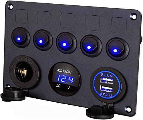 Thlevel Schalter Panel 5 Gang Kippschalter mit 5V 4.2A Dual USB Ladegerät | Schalter Panel Wasserdichte LED Voltmeter Zigarettenanzünder Buchse für 12V-24V Marine Boot Wohnmobil Auto LKW Baufahrzeug