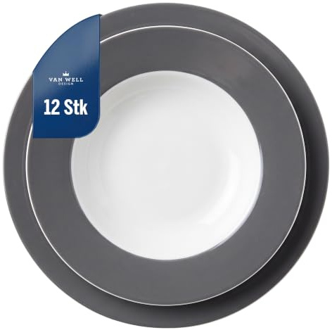 van Well Vario Speiseteller-Set 12-teilig - Tafel-Service für 6 Personen - flache Ess-Teller mit Ø 21,5cm & 6 tiefe Teller Ø 26,5cm - Porzellan-Service weiß mit Rand in Grau