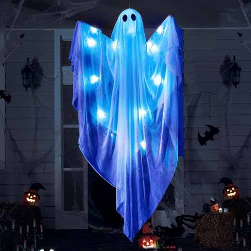 JOYIN Halloween-Hänge-Geist mit gruseligem blauem LED-Licht, 119cm weiße hängende Geister, Beste Halloween-Hängedekoration für Vorhof, Terrasse, Rasen, Garten, Party-Dekoration, drinnen und draußen