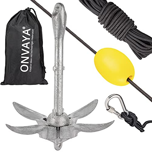 ONVAYA® Bootsanker | Klappanker | Set inklusive Ankerleine mit Karabiner, Ankerboje und Transportbeutel | Faltanker | Anker für Boot, Schlauchboot, SUP, Kajak, Kanu