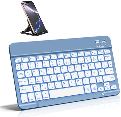 Vobafe Bluetooth Tastatur 7-Farbiges Beleuchtete Tastatur iPad, QWERTZ DE | mit Telefonhalter, Ultradünn Kabellose Tastatur für iPad/Tablet/Laptop/Smartphone (iOS/Android/Windows Systeme), Blau