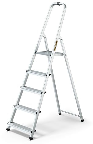 DRABEST Trittleiter klappbar Aluleiter 5 Stufen Stufenleiter Haushaltsleiter Belastbar bis 125 kg Stehleiter kostenloser Haken