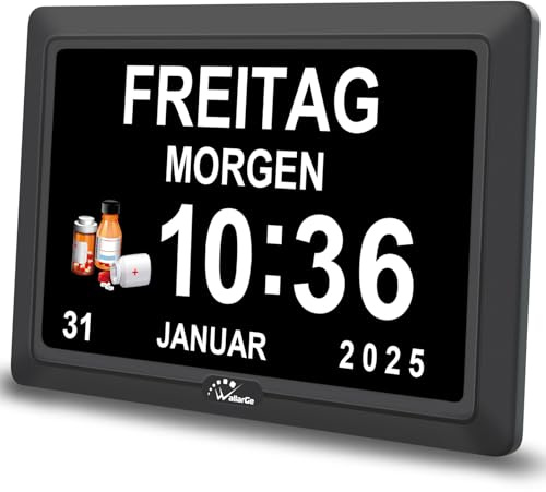 WallarGe Digitaler Demenz Uhr Großes Display für Senioren,Plug in(7 Zoll) | Datum Tag der Woche Kalender Uhr 20 Erinnerungen 3 Klingeltöne 10 Stufen Lautstärke, Auto DST (Schwarz)