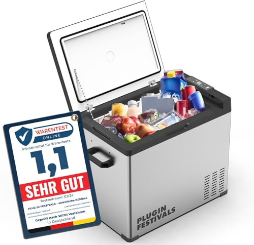 PLUG IN FESTIVALS - elektrische Kühlbox - Kompressor Gefrierbox bis -20 Grad - Kühlbox Auto - Camping Kühlschrank - Powerstation zum Kühlen - 12V 230V - 50 Liter