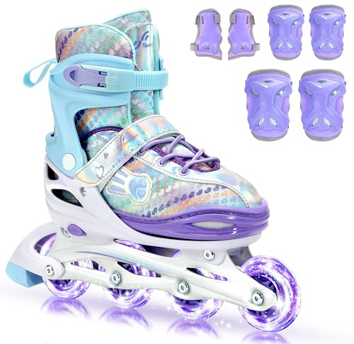 Inliner für Kinder 34-41 Verstellbar, Sportneer Inline Skates Mit 6er Protektoren Setfür Kinder Mädchen Damen, 8 LED inliner Kinder Regenbogenserie