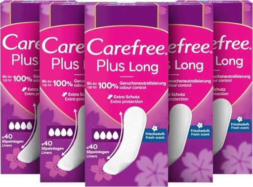 Carefree Slipeinlagen Plus Long mit leichtem Duft (5 x 40 Stück), super saugstarke & extra lange Slipeinlagen, um Flüssigkeiten sofort einzuschließen, Größe Long