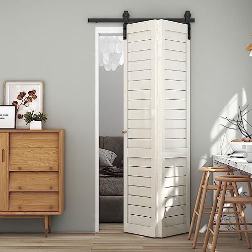 TSMST 107cm/3.5FT Bi-Falte Schiebetürsystem Komplett-Set, Platzsparende Scheunentür Spur Set für 2 Türen,Grundlegender Stil, Glatt und Ruhig (keine Tür)