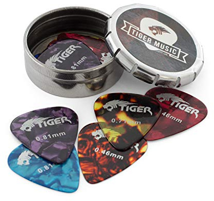 Tiger Gitarren-Picks Set 12 Stück mit Dose Zelluloid | Für Akustik-, Klassik-, E- & Bassgitarren, Stärken 0,46/0,71/0,81 mm, Farbsortiment
