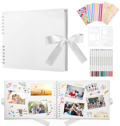 DazSpirit Fotoalbum zum Selbstgestalten, 29 x 21.5 cm, 80 weiße Seiten | Inklusive 12 Metallic-Farbmarkern, als Scrapbook, Fotobuch oder Gästebuch für Geburtstage, Hochzeiten und Erinnerungen