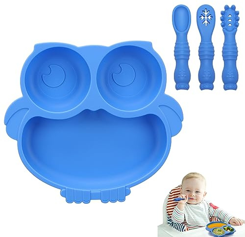 Alyvisun Eule Kinderteller Unterteilt mit Saugnapf, Silikon Baby Teller | mit 3 Löffel Gabel Rutschfest Geteilte Kindergeschirr Set BPA Frei Babyteller Silikonteller für Kleinkind Kinder