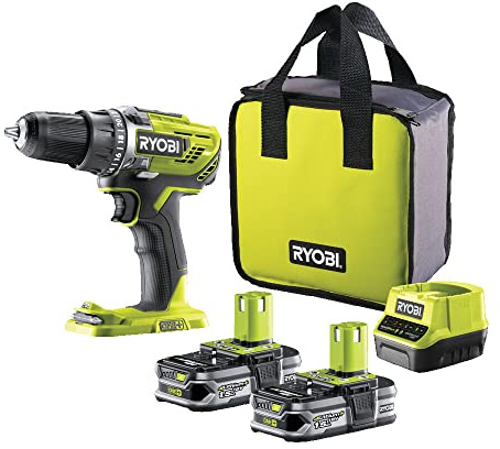 RYOBI 18 V ONE+ Akku-Bohrschrauber R18DD3-215S, 2-Gang-Getriebe, 13 mm Schnellspannbohrfutter, inkl. 2 x 1,5 Ah Akku und Ladegerät