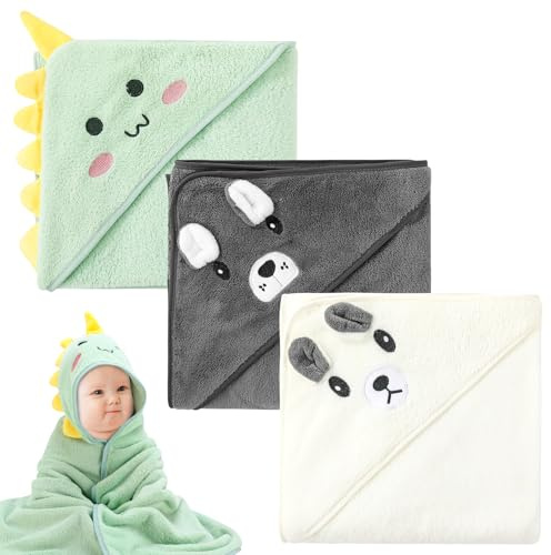Kaisibum 3 Stück kapuzenhandtuch Baby,Baby Handtuch mit Kapuze - Korallenplüsch Badetuch 80 x 80 cm,weich und saugfähig, Bademantel aus Korallenvlies für Unisex(Grün,Grau, Weiß)