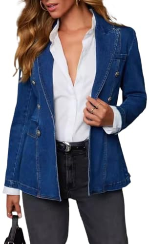 Damen Zweireihiger Jeansblazer Verwaschenes Blau Langarm Revers Jeansjacke Mit Klappentaschen Büro Casual Chic Mantel Für Frühling Herbst (Blau,XL)