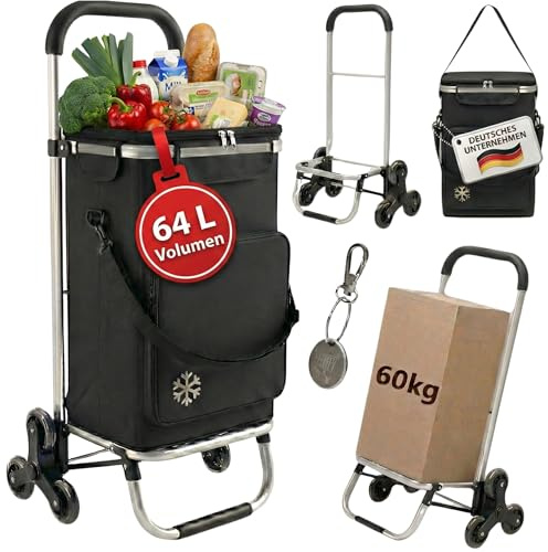 EdelFaktum Einkaufstrolley Treppensteiger 64L groß mit Kühlfach | Einkaufswagen mit Dreirad klappbar, Trolley bis 60kg, Einkaufstasche mit Rollen und Reflektor, Handwagen schwarz