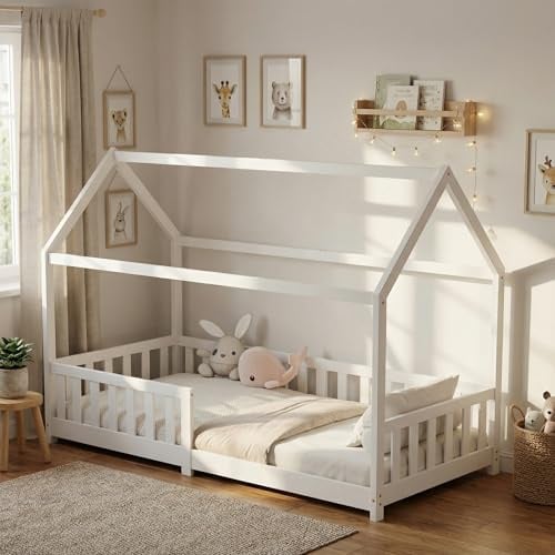 ecomi® Kinderbett 80x160 Bodenbett Kinder Bett Hausbett mit Rausfallschutz und Lattenrost für Kinder Kinderbetten für Mädchen und Jungen Massivholz Kiefer in Weiß