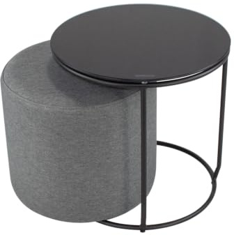 i-flair Nachttisch Beistelltisch mit Hocker Jasper runder Couchtisch und Pouf 40x40 cm N0 Schwarz - Schwarz - Grau