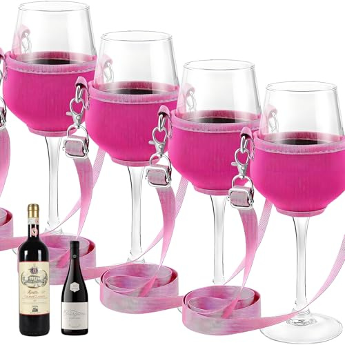 Weinglas Halshalter, 4 Stück Weinglashalter | tragbare Weinglashalter zum Umhängen, für Weihnachten, Geburtstag, Hochzeit, Party (Pink)