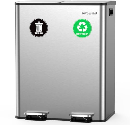 lovewind Mülleimer Küche,2 x 30 L Mülltrennsystem 2 Fächer,Abfalleimer Küche mit Softclose-Deckel und Inneneimern,Pedal-Behälter,Aus Metall gefertigt,Luftdichtes Design, für Zuhause und Büro, Silber