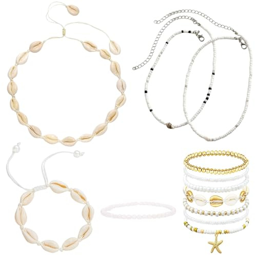 12er Set Muschelkette Damen, Aesthetic Sommer Schmuck mit Muschel Armband, Angesagter Boho Schmuck für Ihr Hawaii Outfit Damen, Stylische Muschel Kette & Choker für den Strand