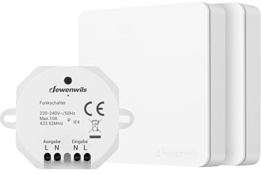 DEWENWILS Funkschalter Set, Funk-Wandschalter 30M Reichweite, 2 Funk Lichtschalter für Lampe, Keine Verkabelung Erforderlich, 2300W, Weiß