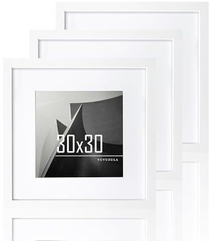 VUVUZULA Bilderrahmen 30x30cm Weiß Holz Quadratisch Fotorahmen Holzrahmen MDF Rahmen mit Passepartout 20x20cm 3er Set