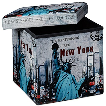 Relaxdays Faltbarer Sitzhocker 38 cm stabiler Sitzwürfel mit trendigen Motiven als praktische Fußablage als Sitzwürfel mit bedrucktem Kunstleder als Aufbewahrungsbox mit Stauraum und Deckel, New York