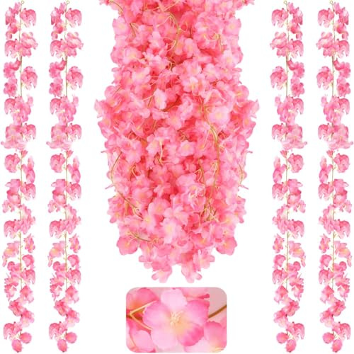 4 Stück Kirschblüten Künstliche Blumen Girlande 180cm Kirschblüten Deko | Blumengirlande Kunstblumen Seidenblumen Hängend Vines für Hochzeit Garten Party Wand Zimmer Dekoration (Dunkelrosa)