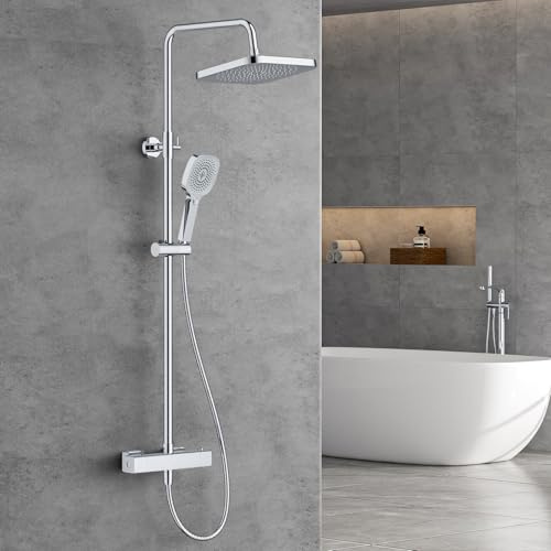 FORIOUS Duschsystem mit Thermostat,Edelstahl Duscharmatur Komplettset mit 25 cm Quadratisch-Overhead Regendusche,90-125cm Höhenverstellbare Duschstange, 3 Strahlarten ABS Handbrause Chrom