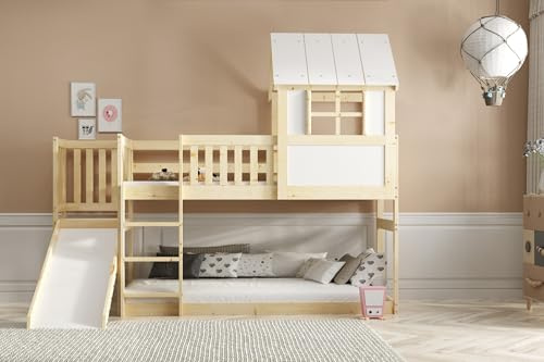 Interbeds Hochbett 90x200 cm mit Rutsche und Treppen Etagenbett Stockbett Holzbett Kinderbett mit Lattenrost Spielbett für Kinder Jugendbett aus Massivholz mit Sicherheitsgeländer (Mit Rutsche)