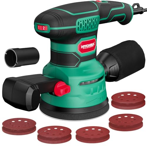 HYCHIKA Exzenterschleifer 450W, 6 Geschw. 6000-12000 OPM. | Schleifmaschine für Holz mit Staubauffangsystem, 20 Schleifpapier (8-Loch), für Metall, Holz und mehr.
