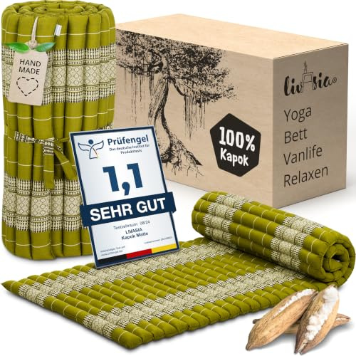 livasia Rollmatte Rollmatratze L-200x110x4,5cm, Gästebett Gästematratze 1 Person, Reisebett Kofferraum Outdoor, Thaimatte Kapok, Garten Balkon handgefertigt rubinrot