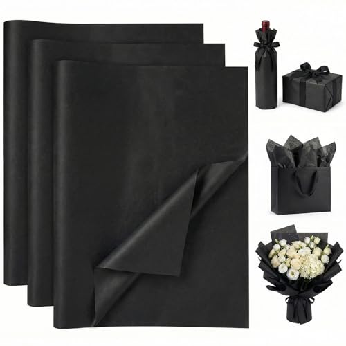 VGOODALL 100 Blatt Schwarz Seidenpapier, Tissue Papier 50cm x 35cm Bastelpapier Geschenkpapier für Geschenkverpackung Geburtstagsfeier Hochzeit Kunsthandwerk Babyparty Basteln