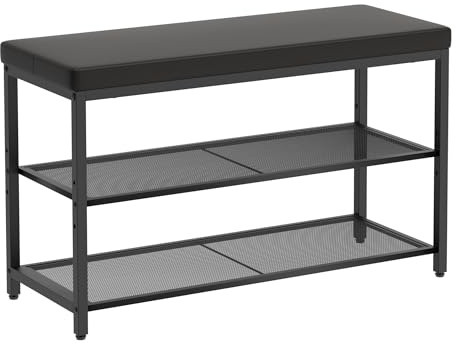 Mondeer Schuhregal mit sitzbank Polsterauflage schwarz 80x30x50 cm | Schuhgitter verstellbar. Kunstleder, leicht reinigbar. Metall stabil , Schuhaufbewahrung. Für Flur, Diele,