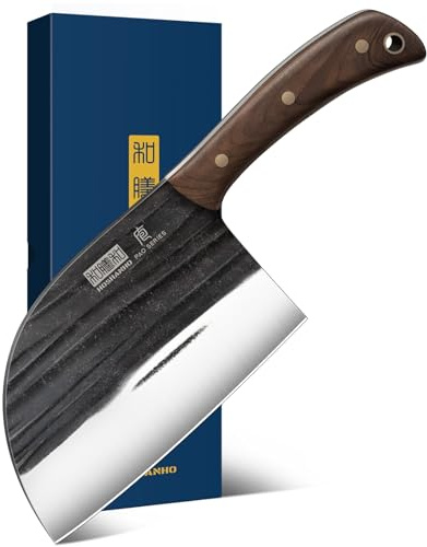HOSHANHO 17cm Serbisches Kochmesser, Hackmesser aus Kohlenstoffstahl zum Fleischschneiden, Handgefertigtes Geschmiedetes Fleischerbeil, Küchenmesser Metzgermesser mit Durchgehendem für Zuhause Camping