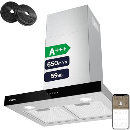 CIARRA CBCS6102 A+++ Dunstabzugshaube 60cm Umluft 650m³/h mit CBCF003 Aktivkohlefilter Touch-Bedienung 4 Stufen Inkl. Booster Abluft Wandmontage Abzugshaube Edelstahl Silber