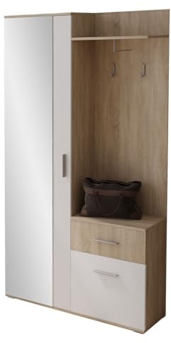 Mirjan24 Garderoben-Set Epic mit Spiegel (Sonoma/Weiß) | Kompakte Flurgarderobe mit Schuhschrank, 2 Kleiderhaken, Ablagefläche und Stauraum für Jacken, Schuhe und Accessoires