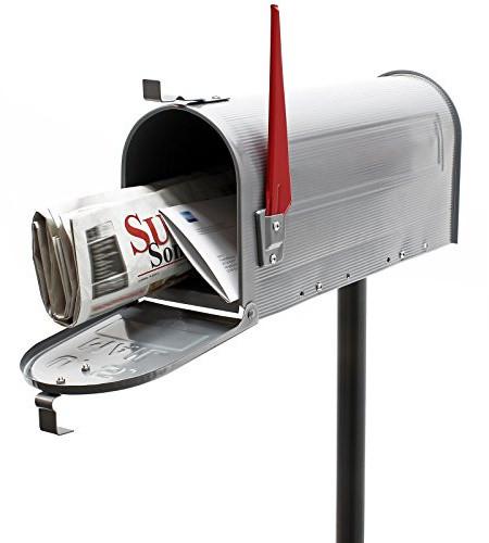 Wiltec Set US Mailbox Silbergrau 180 x 220 x 480 mm, amerikanischer Briefkasten mit Fahne, Standbriefkasten Stahl amerikanisches Design mit passendem Standfuß