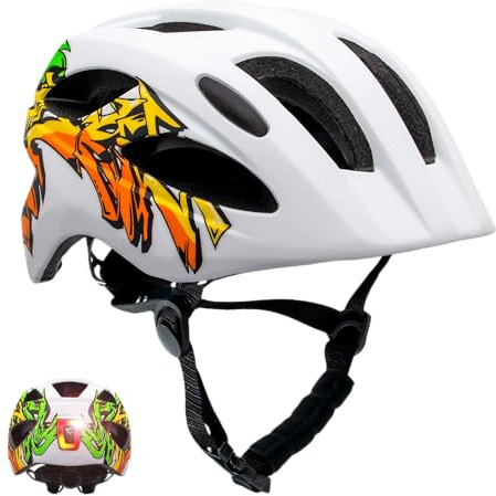 Crazy Safety Cool Kinder Fahrradhelm | Fahrradhelm Kinder 6-12 Jahre für Fahrrad, Skateboard, Mountainbike, Inlineskates | USB-aufladbares Rücklicht | Verstellbarer Fahrradhelm 54-58 cm (Weiß/Gelb)