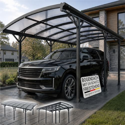 Juskys Carport mit Bogendach 5x3 m - Überdachung aus Aluminium mit Doppelstegplatten - Unterstand für Autos - freistehende Montage - Dunkelgrau