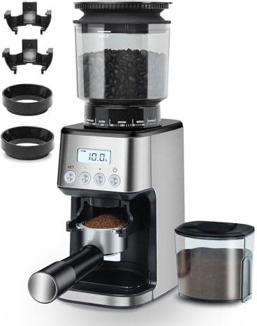 Homtone Elektrisch Kaffeemühle für Siebträger, Kaffeemühle mit 51 Mahlgrade, Coffee Grinder für Espresso/Tropfkaffee/French Press, Edelstahl-Kegelmahlwerk, Antistatik-Einsatz, 160W