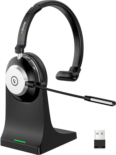 Wantek Bluetooth-Headset mit Mikrofon für PC, V5.2, Kabelloses Headset mit Rauschunterdrückungs-Mikrofon, USB-Dongle, Ladestation und Stummschalttaste für Arbeit, Handys, Computer