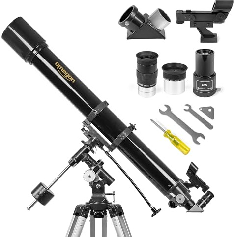 Omegon Teleskop AC 90/1000 EQ-2 | Refraktor für Einsteiger & Fortgeschrittene | 90mm Öffnung | 1000mm Brennweite | präzise EQ-2 Montierung | Mond- & Planetenbeobachtung