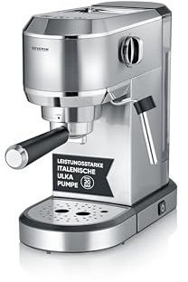 SEVERIN Espressomaschine Newspresa, Siebträgermaschine, ULKA Pumpe mit 20 bar, Milchaufschäumdüse, 1 L Wassertank, für ein oder zwei Tassen, silber, Edelstahl, 1.350 Watt, KA 5997