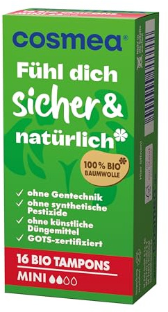 cosmea Bio Tampons Mini – 4 x 16 Stück | 100% Bio-Baumwolle | Vegan & Dermatologisch getestet | Ohne Kunstfaser & Chemie | OEKO-TEX® & GOTS zertifiziert | Einzelverpackt