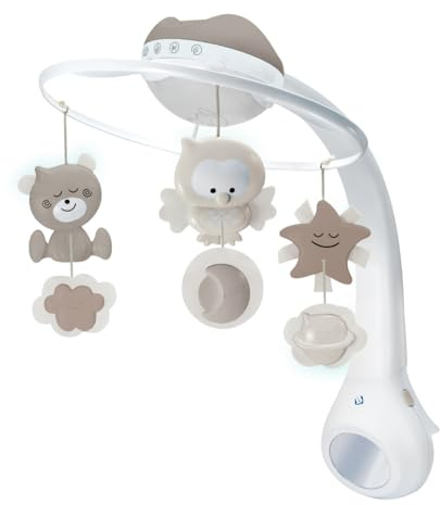 Infantino 3-in-1 Projektor Musik-Mobile, Umwandelbares Mobile, Lichtprojektor für Tisch & Kinderbett mit Weckmodus zur Tageslichtsimulation, Inkl. 6 Melodien & 4 Naturgeräuschen, Grau
